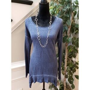 Democracy Top Blouse Women Medium Blue Knitted Cotton Blend Long Sleeve Pullover